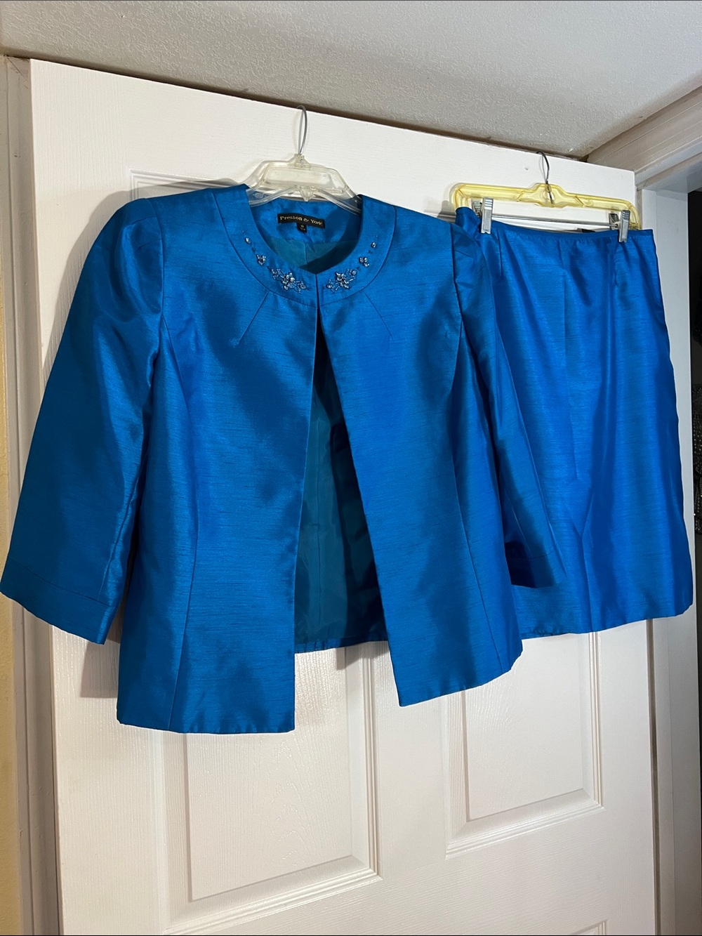 Preston & York Jewel-Trim Teal Blue Jacket and Skirt